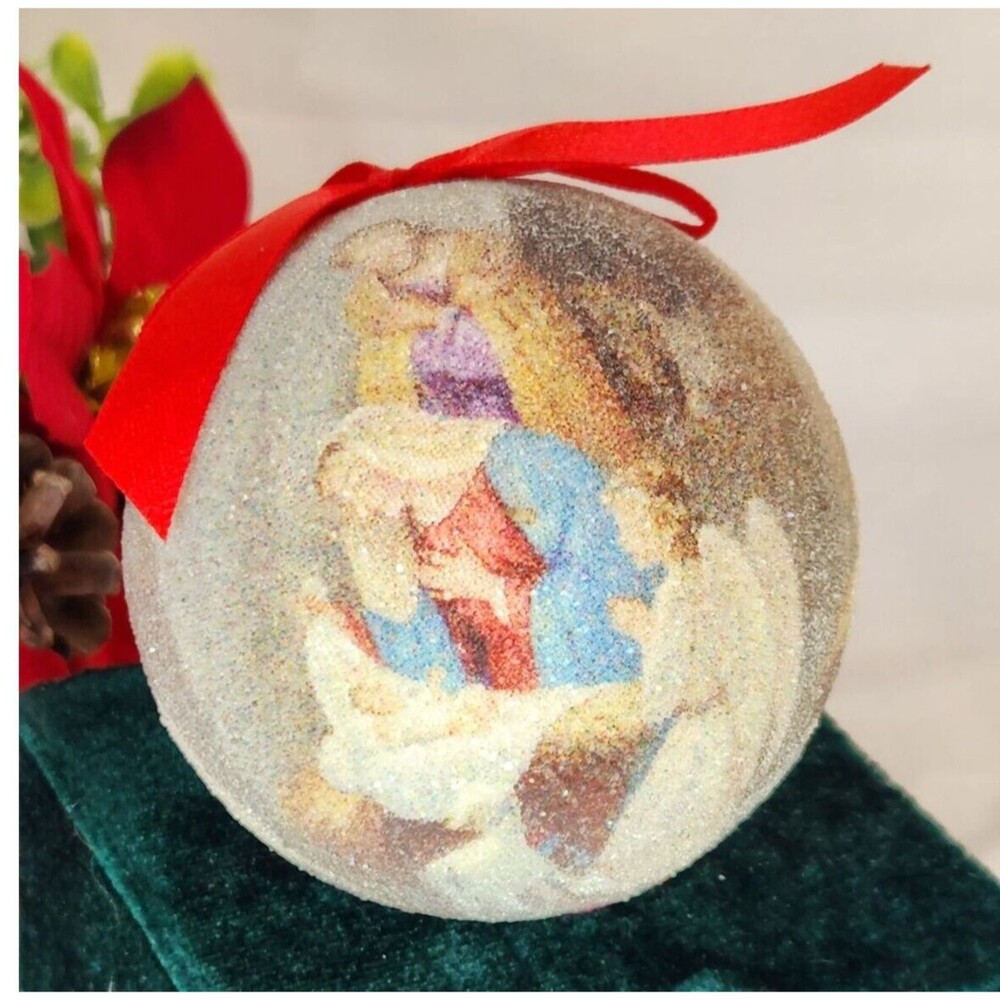 Vintage Sugar Frosted Nativity Scene Orb Ball Ornament w/Box